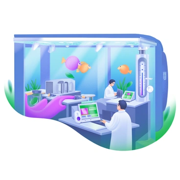 A detailed illustration of an underwater research lab, featuring large transparent windows that showcase marine life swimming outside. Inside the lab, there are multiple heat exchangers, designed with sleek, modern lines, each prominently displaying temperature gauges. Various pieces of scientific equipment, such as computers and monitoring devices, are arranged on stainless steel tables, each connected to the heat exchangers. Bright, artificial lights illuminate the interior, contrasting with the deep blue ocean backdrop. Several researchers in lab coats are seen working diligently, focused on their tasks while big colorful fish pass by the windows.