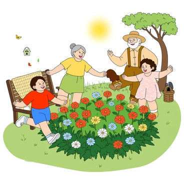 A group of three children, two boys and a girl, are laughing joyfully in a vibrant garden. One boy is wearing a bright yellow shirt and blue shorts, while the other boy has a red t-shirt and green shorts. The girl is dressed in a light pink dress with floral patterns. They are playing tag around a large, colorful flowerbed filled with blooming flowers in various colors like red, blue, and yellow. 

The grandparents, a grandmother with gray hair in a bun wearing a floral dress and a grandfather with a white beard in a straw hat and suspenders, are smiling as they watch the children play. The sun is shining brightly, casting a warm glow on the scene, and there are butterflies fluttering around the flowers. A wooden bench with a checkered blanket is placed nearby, and a small birdhouse hangs from a tree branch above.