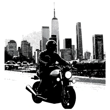 A motorcyclist with a sleek black helmet is riding a motorcycle. The rider wears a leather jacket and appears focused on the road ahead. In the background, a sprawling cityscape features tall skyscrapers and modern buildings, showcasing a dynamic urban environment. The city is filled with intricate architectural details, and the streets below show a hint of movement with cars and pedestrians. The sky above is clear, enhancing the vast feeling of the city.