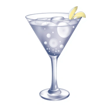 A cocktail served in a clear glass filled with a vibrant liquid. The glass is elegantly shaped, showcasing the drink's texture and bubbles. A twist of "citron peel" is gracefully placed on the rim, adding a touch of sophistication. Surrounding the glass are small droplets of condensation, suggesting a freshly made beverage, and a few ice cubes are visible within the drink, enhancing the refreshing appearance.