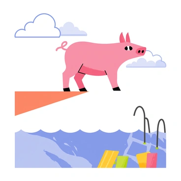 A pink pig with a determined expression stands on a diving board, its hoofs gripping the edge. The pig is slightly crouched, ready to leap into the air. Below, there is a sparkling blue swimming pool, reflecting the sunlight. Surrounding the pool, there are colorful beach towels and a few inflatable floaties in bright colors. A clear blue sky with fluffy white clouds is visible overhead.