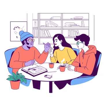 A group of three students is sitting at a round table in a campus café, each holding a cup of steaming coffee. The first student, wearing a blue beanie, is animatedly gesturing with one hand while pointing at a sketchbook laid open on the table. The second student, with teal glasses, is leaning forward, intently listening and nodding in agreement. The third student, dressed in an orange hoodie, is jotting down notes on a small notepad, glancing up occasionally to join the discussion. The background features shelves filled with art supplies and books, creating a creative atmosphere. A small potted plant sits at the corner of the table, adding a touch of greenery to the scene.