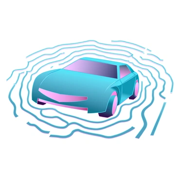 A sleek car outline with smooth curves and sharp angles, positioned centrally in the image. Surrounding the car are intricate, flowing lines resembling the patterns in a Zen garden, creating a contrast between the solid shape of the car and the soft, abstract lines. The lines are varied in thickness and gently swirl around the car, suggesting a sense of movement and tranquility. The overall composition creates a harmonious blend of the car's design and the calming patterns of the surrounding lines.