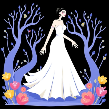 A "corpse bride" with pale skin and long, flowing black hair is walking through an enchanted garden. She is wearing a tattered white wedding gown that drapes elegantly around her. Surrounding her are "luminous flowers" in various vibrant colors, glowing softly in the twilight. The garden has twisting vines and ornate trees with leaves that shimmer in the light. A gentle breeze causes the flowers to sway slightly as the bride walks, creating a magical atmosphere.