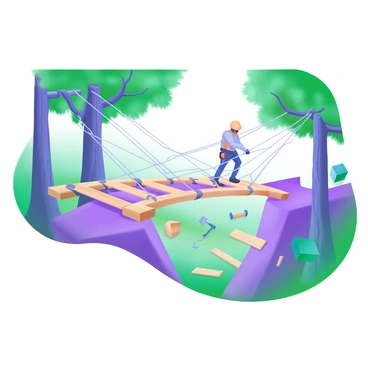 A scene depicting a "rope bridge" in the process of being constructed over a "gap" in a "forest trail." The bridge is partially completed, featuring sturdy wooden beams and thick, intertwined ropes. Surrounding the area, tall trees with lush green foliage provide a natural backdrop. A construction worker is seen securing the ropes, wearing a safety harness and a hard hat. On the forest floor, tools and planks are scattered, while sunlight filters through the trees, casting dappled shadows on the ground.