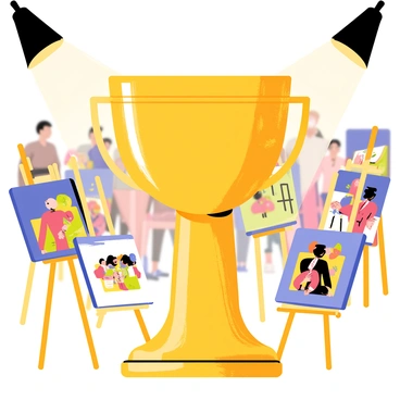 A shiny gold trophy with intricate engravings sits atop a polished wooden pedestal. The trophy features a tall cup shape with ornate handles and a gleaming base that reflects the light. Surrounding the trophy are several colorful illustration pieces attached to easels, showcasing various styles and themes. A bright spotlight shines down on the trophy, emphasizing its importance at the auction. The auction setting includes a crowd of people admiring the displayed artworks in the background.