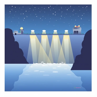 A large dam is prominently illuminated by bright lights, showcasing its architectural features against the night sky. The lights reflect off the water surface below, creating a shimmering effect. Above, the night sky is filled with twinkling stars, adding a celestial backdrop to the scene. The dam's structure is made of concrete, with large water outlets visible, and the surrounding landscape is dark, emphasizing the bright illumination of the dam.