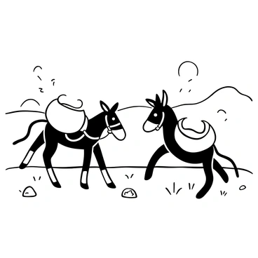 Two mules standing on a dusty road, each loaded with large burlap sacks. One mule is leaning slightly towards the other, creating a sense of camaraderie. Dust swirls around their hooves, indicating recent movement. In the background, a faint outline of distant hills contrasts with the scene. The mules appear animated, as if engaged in a lively exchange, with a few scattered stones and tufts of grass lining the road.