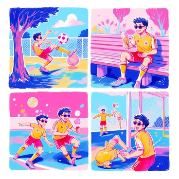 A comic strip features "anime Ronaldo" in various humorous soccer scenarios. The first panel shows him attempting an extravagant bicycle kick, but instead, he accidentally kicks the ball into a nearby tree. In the second panel, he is sitting on a bench, wearing oversized sunglasses and a goofy grin while enjoying a giant ice cream cone. The third panel captures him during a match, dramatically slipping and falling, with his teammates looking concerned. The final panel depicts him celebrating after scoring a goal, only to trip over the goalpost and land in a playful heap. Each scene is vibrant and dynamic, filled with exaggerated expressions and lively action.