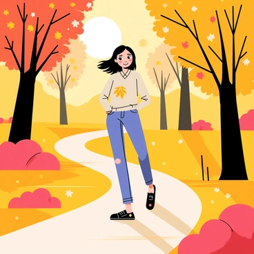 "Bella Swan" is walking along a winding path in a vibrant autumn forest. She is dressed in a warm, cozy sweater and jeans, with her hair gently blowing in the breeze. The trees around her display a stunning array of orange, red, and yellow leaves, some of which are falling gracefully to the ground. Sunlight filters through the branches, casting a golden glow on the scene. Bella smiles softly as she enjoys the beauty of the nature surrounding her.