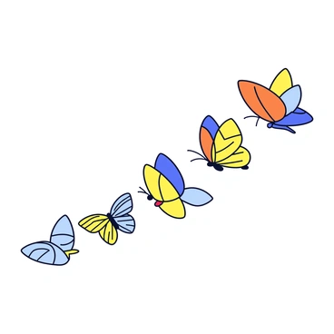 A group of colorful butterflies is flying gracefully in a pattern that resembles an expanded form sequence. Each butterfly has distinct colors, including vibrant blues, yellows, and oranges. They are positioned at increasing distances apart, illustrating the concept of expansion. The wings of the butterflies are spread wide, showcasing intricate patterns and details. The background is a simple, soft color to highlight the dynamic movement of the butterflies.