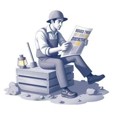A miner is seated on a weathered wooden crate in a rugged outdoor setting. He is holding a newspaper in his hands, intently reading the headlines. The newspaper features bold text that announces "recent gold discoveries." The miner is wearing a worn-out helmet, and his clothes are dusty, indicating a long day of work. Behind him, there are scattered mining tools such as a pickaxe and a lantern, while the ground is uneven and littered with small rocks. The scene captures the essence of hard work and the excitement of potential riches.