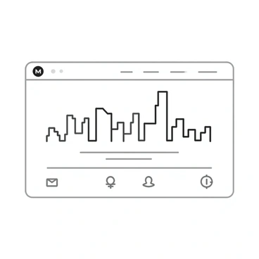 A digital flat illustration showcasing a minimalist website design. The layout is predominantly white, with sections outlined in thin black lines. In the header area, there is a simple logo represented by a clean black circle with a stylized "M" in the center. Below, a navigation bar with three horizontal black lines is displayed. The main content area features a large black and white line illustration of a city skyline with simple geometric shapes representing buildings. Below the skyline, there are three evenly spaced black line icons depicting a home, a user profile, and a settings gear. In the footer, thin horizontal lines separate links to social media icons, each represented as a simple black line drawing.