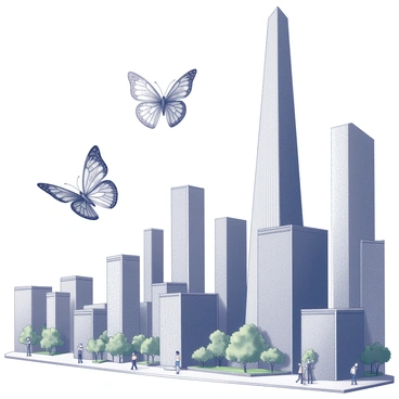 A futuristic city skyline filled with tall, sleek buildings made of glass and metal. In the foreground, several "papillon butterflies" with "metallic, robotic wings" are seen fluttering among the structures. The butterflies exhibit intricate designs on their wings, showcasing a blend of technology and nature. Below, people move along the streets, interacting with advanced technology, while greenery peeks through the urban landscape. The scene captures a harmonious coexistence of nature and advanced machinery in an urban setting.