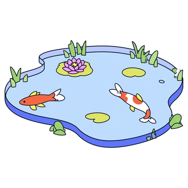 A tranquil pond surrounded by green grass and small rocks. Colorful koi fish in shades of orange, white, and yellow swim gracefully under the water's surface. Several round lily pads float on top of the pond, with some blossoms in shades of pink and white emerging from the pads. The water reflects the light, creating a shimmering effect on the surface.