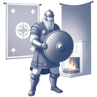 A Viking warrior stands in a strong pose, gripping a round shield adorned with a "flaming symbol" in the center. His armor is detailed, consisting of chainmail and leather straps, while a distinctive helmet with a prominent nose guard rests atop his head. Behind him, a large tapestry hangs on the wall, its intricate designs illuminated by the warm, flickering light of a fire that blazes in a nearby hearth. The shadows created by the fire add depth to the scene, enhancing the warrior's fierce expression and the textures of his armor and shield.