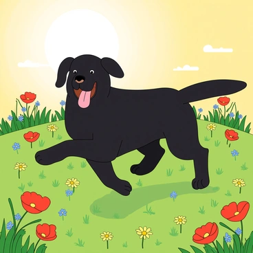 A playful black Labrador with shiny fur is joyfully frolicking in a vibrant spring meadow. The dog has its tongue out and a big smile, with its ears flopping as it runs. The meadow is filled with a variety of colorful flowers, including bright red poppies, yellow daisies, and bluebells scattered throughout the lush green grass. The sun is shining, creating a warm, cheerful atmosphere as the dog leaps amongst the flowers, creating a lively scene.