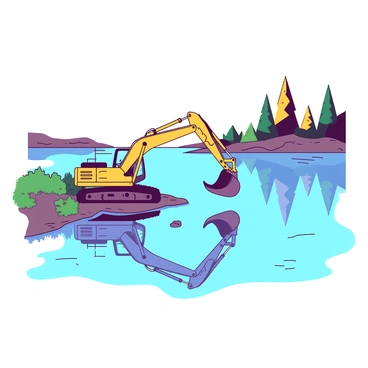 A yellow excavator is positioned at the edge of a tranquil lake. The excavator has its arm raised, and the bucket is slightly above the surface of the water. The lake's surface perfectly reflects the excavator, creating a mirror image. Surrounding the excavator, there are patches of green grass and a few small rocks. In the background, the calm water extends outward, with trees lining the shore, their colors mirrored in the lake.
