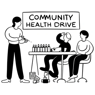 A community health worker wearing a uniform is standing beside a table filled with vaccine vials and medical supplies. The worker is holding a syringe poised to administer a vaccine. In the background, there are several individuals waiting in line to receive their vaccinations, all seated in chairs. A large banner with the words "Community Health Drive" is visible above the scene. Various informational pamphlets are scattered on the table.