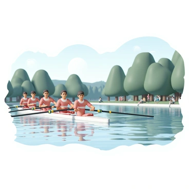 A team of six rowers, all wearing matching red and white athletic uniforms, is synchronized in their rowing strokes as they race on a wide river. The rowers are positioned in a long, sleek boat, each gripping their oars firmly as they pull through the water in unison. The river is surrounded by lush green trees and the sun is shining brightly overhead, creating reflections on the water’s surface. The concentration on the rowers' faces is evident as they lean forward and then backward, building momentum. In the background, a few spectators are watching from the riverbank, highlighting the competitive atmosphere of the race.