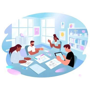 A vibrant creative studio filled with natural light pouring in through large windows. Several illustrators are seated at spacious tables, deeply engaged in collaboration. One illustrator is sketching ideas on a tablet, while another is surrounded by colored pencils and paper, illustrating characters for a children’s book. Brightly colored artwork is displayed on the walls, showcasing various styles and themes. Bookshelves filled with children’s literature and art supplies are present in the background. A large corkboard displays a variety of sketches and notes related to the book design.