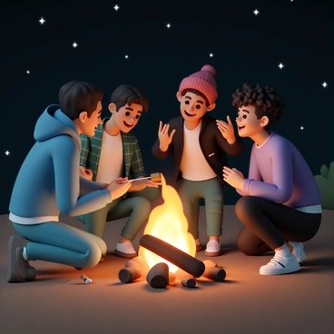 A group of four friends gathered around a crackling campfire at night. The flames are casting a warm glow, illuminating their faces filled with laughter. One friend, wearing a blue hoodie and jeans, is holding a skewer with a golden-brown marshmallow, while another friend, dressed in a green flannel shirt and cargo pants, leans in to listen to a story being told. The third friend, in a red beanie and a black jacket, gestures animatedly, while the fourth friend, who has curly hair and is wearing a purple sweater, is smiling as he listens. Above them, the dark sky is dotted with twinkling stars, creating a magical atmosphere over the scene.