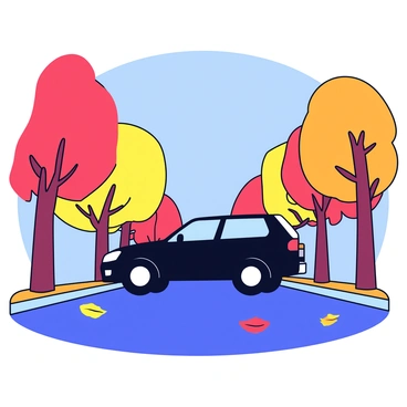 A crossover SUV driving down a tree-lined street. The SUV is a sleek model with a shiny black exterior. The trees on either side of the street are adorned with vibrant fall foliage in shades of red, orange, and yellow. Leaves are gently falling to the ground, creating a colorful carpet. The street is paved and showcases a clear blue sky above, contrasting with the warm hues of the trees.