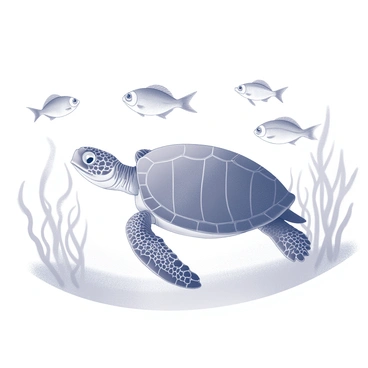 A sea turtle gliding gracefully through water. The turtle has a textured shell and streamlined body, moving fluidly with its flippers extended. Surrounding the turtle is a group of small fish, each with distinct shapes and sizes, swimming in formation near the turtle. The fish exhibit varying patterns and designs, creating a dynamic scene of underwater life. The background is filled with aquatic plants gently swaying in the current, adding to the natural setting.