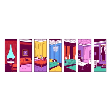 A series of seven opulently decorated rooms are arranged in a row, each showcasing unique and vibrant colors. The first room is filled with rich red drapery and elegant furniture, featuring a chandelier made of crystal. The second room is adorned with bright yellow walls, complemented by plush teal seating and gold accents. In the third room, bold blue wallpaper contrasts sharply with ornate white trim and lavish decorations. The fourth room features striking orange curtains, with luxurious fabrics and accessories that create a warm ambience. The fifth room is painted in a radiant pink, featuring intricate patterns on the ceiling and stylish furnishings. The sixth room is decorated in deep purple tones, with elegant artwork and dramatic lighting enhancing its grandeur. The final seventh room exhibits a striking blend of teal and white elements, with sleek furniture and tasteful decor that unifies the space.