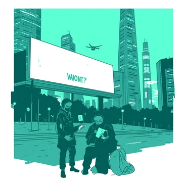 A teal futuristic cityscape with towering glass skyscrapers reflecting light from neon signs. In the foreground, a group of rebels is gathered, with three figures wearing dark clothing and masks focused on a large white government billboard. One rebel is typing rapidly on a portable device while another is keeping watch. The third rebel is holding a small drone hovering nearby, capturing the scene. The billboard is displaying dynamic graphics which suddenly flicker as the rebels initiate their hack. The surrounding streets are mostly empty, illuminated by the glow of the city's lights.