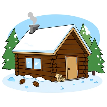 A cozy log cabin made of dark brown timber, featuring a steeply pitched roof covered with a layer of white snow. Smoke is rising gently from the chimney, creating a wisp of gray against the clear blue sky. The cabin has frosted windows that reflect the sunlight, and a small pile of firewood is stacked neatly next to the door. Surrounding the cabin is a wintery landscape, with snow-covered ground and tall evergreen trees draped in white. In the foreground, there are small snowdrifts and scattered pinecones, adding to the tranquil winter scene.