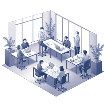 A spacious co-working area filled with various office desks. Several individuals are engaged in discussions, with some gathered around a large table and others seated at their workstations. There are laptops open and papers strewn across the tables. One person is gesturing animatedly while another is taking notes. The atmosphere features an abundance of plants strategically placed throughout the space, adding an organic element to the modern setting. Bright light floods in from large windows, illuminating the diverse expressions of focus and creativity throughout the room.
