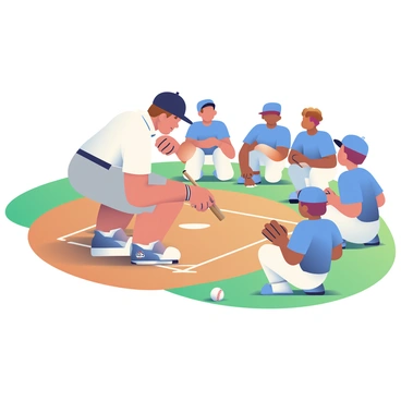 A baseball coach with short brown hair is crouched down on a dirt baseball field, using a wooden stick to draw plays in the earth. He is wearing a navy blue cap, a white polo shirt, and gray shorts. Surrounding him, a team of young players in matching blue jerseys and white pants is gathered, listening attentively. Some players have their gloves in hand, while others are kneeling or sitting attentively in the dirt. The sun is shining brightly, casting clear shadows on the field, and the green grass of the field borders the dirt area where the coach is drawing. A baseball lying on the ground indicates that practice is underway.