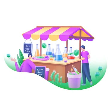A modern pastel illustration of a vibrant street market stall. The stall features a wooden structure with a colorful awning, displaying a wide variety of ampoules in different sizes. Each ampoule is filled with various liquids, showcasing bright colors like blue, green, red, and yellow. Surrounding the stall are decorative plants and a small chalkboard sign listing prices. People can be seen browsing the ampoules, creating a lively atmosphere.