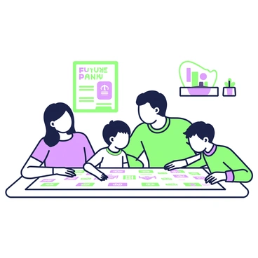 A young family is gathered around a table, examining a "Future Plans with Insurance" roadmap. The family consists of a father with short hair, wearing a casual shirt, and a mother with long hair, dressed in a comfortable blouse. They are seated next to their two children, a boy and a girl, both displaying curiosity. The roadmap is spread out in front of them, featuring various icons and symbols indicating different stages of planning. In the background, there are family pictures hanging on the wall and a small potted plant on the table, creating a warm atmosphere.