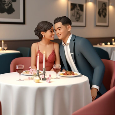 A couple is seated at a round table, adorned with a white tablecloth and delicate flower arrangements. The table is illuminated by a soft glow from three flickering candles placed in elegant holders. The man is wearing a navy suit with a white dress shirt and a subtle patterned tie, while the woman is dressed in a flowing red dress with intricate lace details. They are gazing into each other's eyes, smiling warmly. Plates of gourmet food and glasses of red wine are elegantly arranged on the table. The restaurant interior features soft lighting with plush seating and tasteful artwork on the walls, creating an intimate atmosphere.