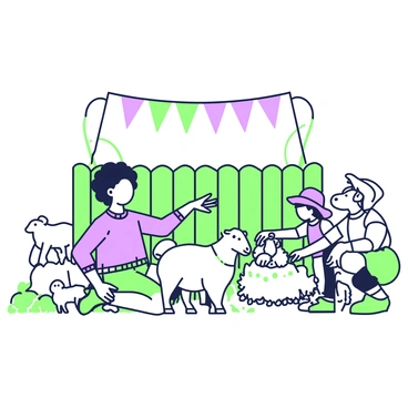A group of children is interacting with animals at a rodeo's petting zoo. In the center, a child with curly hair is kneeling down, gently petting a fluffy goat with soft fur. Next to them, another child wearing a cowboy hat is feeding a small pig with a handful of grains. To the side, there is a third child reaching out to stroke a friendly rabbit sitting on a small hay bale. Behind this scene, a wooden fence encloses the petting zoo, and colorful banners are hanging above, adding to the lively atmosphere. Various small animals, including a sheep and a duck, are visible nearby, all surrounded by grassy patches and straw scattered across the ground.