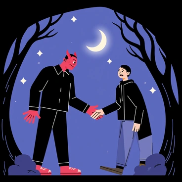 A dark, shadowy figure of a devil with red skin and sharp horns stands across from a mortal, a human with an anxious expression. The devil extends a clawed hand towards the mortal, who is nervously reaching out to shake hands. The setting is illuminated by a glowing crescent moon, casting silver light over the scene. Surrounding them are twisted, gnarled trees, their branches silhouetted against the night sky. A few scattered stars twinkle in the background, adding a mystical atmosphere to the moment. The ground is uneven and rocky, enhancing the tension of the pact being made.