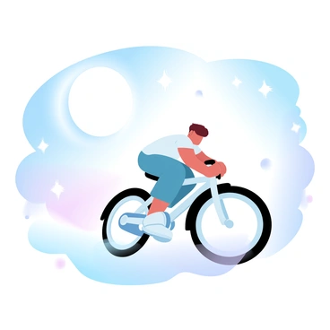 A boy is riding a bicycle through a sky illuminated by moonlight. The bicycle is mid-motion, with the boy leaning slightly forward. The moon is large and bright, casting a gentle glow on the scene. Around him, stars are twinkling, creating a sparkling effect in the night sky. The background is filled with soft, gradient pastel colors blending from deep blue to lavender, enhancing the whimsical atmosphere.