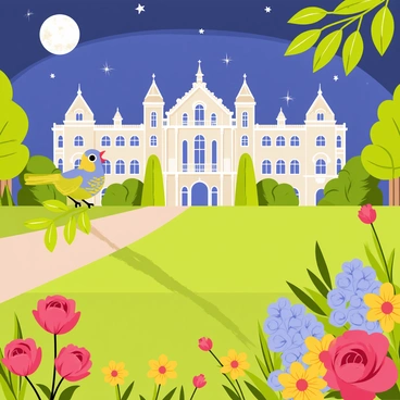 A colorful nightingale perched on a lush green branch is singing melodiously. The garden is filled with vibrant flowers of various colors, including red roses, yellow daffodils, and blue hydrangeas. In the background, a grand palace with tall, ornate towers and intricate architectural details can be seen under a clear night sky sprinkled with twinkling stars. Moonlight gently illuminates the scene, casting soft shadows on the well-maintained lawn.