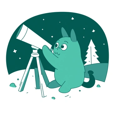A teal cartoon character resembling Vadivelu is standing beside a white telescope, peering through it at the night sky. The character has a playful expression with wide eyes, showcasing excitement. Surrounding the character, there are twinkling white stars scattered across a deep teal sky. The ground is a soft white, illuminated by the distant stars’ glow. In the background, a silhouette of a white tree is visible against the nighttime backdrop, adding depth to the scene.