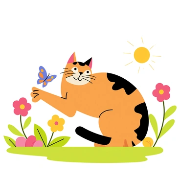 A Bengal cat with distinctive spotted fur is playfully pawing at a colorful butterfly. The cat is crouched low on a patch of green grass, its ears perked up in curiosity. The butterfly, featuring vibrant blue and orange wings, flutters just above the cat's paw. Surrounding them are blooming flowers in various colors, including reds, yellows, and pinks, along with lush green leaves adding to the garden setting. The sun casts a warm glow, highlighting the playful interaction between the cat and the butterfly.