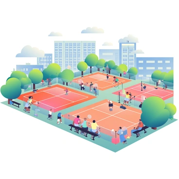 A 3D view of multiple badminton courts on a university campus