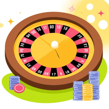 A vibrant roulette wheel spinning rapidly, with a smooth wooden finish and alternating red and black slots. The small white ball is captured mid-bounce, heading towards the number "17." The surrounding elements include colorful chips stacked neatly on the green felt table, showcasing various denominations in blue, yellow, and red. Bright casino lights glimmer in the background, adding to the lively atmosphere of the scene.