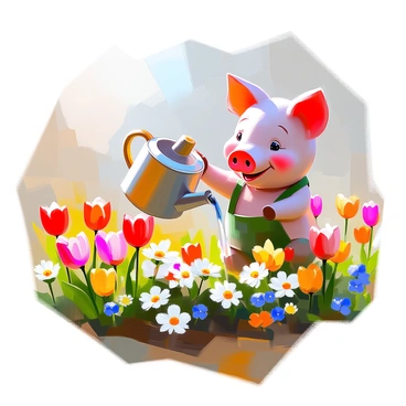 A small pink pig with a cheerful expression is tending to a vibrant flower garden. The garden is filled with a variety of colorful flowers, including red tulips, yellow daisies, and blue forget-me-nots. The pig is holding a shiny green watering can, carefully pouring water onto the flowers. Bright green leaves surround the blossoms, enhancing the scene. The sun shines down, illuminating the flowers and creating a lively atmosphere in the garden.