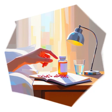 A close-up view of a hand with well-defined fingers reaching for a bottle of relief tablets on a wooden bedside table. The bedside table is adorned with a small, round lamp casting a soft glow, and there is a glass of water nearby. The early morning light streams in through a window, illuminating the scene with warm tones. A folded piece of paper or a book rests slightly to the side, adding detail to the tranquil morning atmosphere.