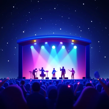A nighttime concert scene under a starry sky. The stage is illuminated, showcasing musicians performing passionately. Sound waves are represented as colorful, glowing patterns radiating through the air, creating a vibrant visual spectacle. The audience is gathered around, captivated by the performance, with some waving glow sticks that contribute to the dazzling display. The stars twinkle above, adding to the enchanting atmosphere.