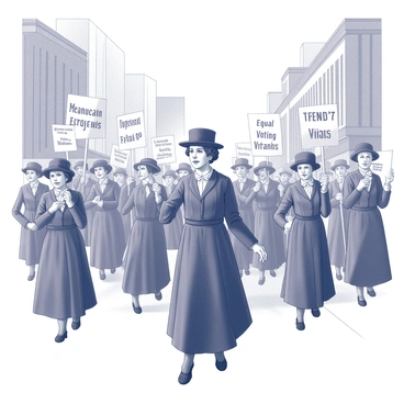 A scene depicting "Susan B. Anthony" at the forefront of a suffrage parade. She is surrounded by a group of women marching together, displaying signs that read "Equal Voting Rights" and other similar phrases. The women are wearing period-appropriate clothing, with some in long dresses and others in hats typical of the suffrage movement. The atmosphere is lively, with expressions of determination and unity on their faces. The background features a city street setting, with buildings lining the sides and banners hanging overhead that also promote voting rights.