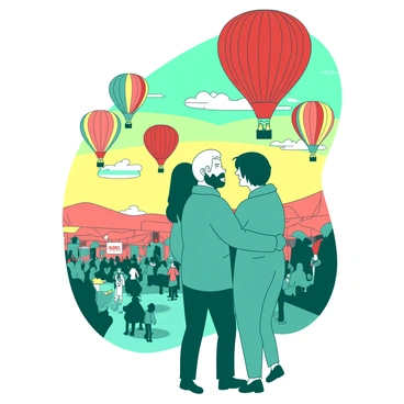 A teal couple stands together, gazing up at a vibrant sky filled with hot air balloons of various shapes and patterns. The balloons are lifting off gracefully, showcasing a mix of colors with two prominent shades, red and yellow. The couple is smiling, with their arms wrapped around each other, creating a cozy atmosphere. In the background, a crowd of festival-goers can be seen, some taking pictures while others enjoy the festivities. The sun is setting, casting a warm glow over the scene.