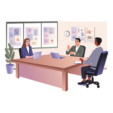 A scientific illustrator is sitting at a polished wooden conference table in a formal meeting room. The illustrator is a woman with light skin and shoulder-length brown hair, wearing a navy blue blazer over a white blouse. She has a laptop open in front of her, displaying illustrations of various scientific subjects. Across from her is a man with dark skin and short black hair, dressed in a gray suit, holding a notepad. The walls of the meeting room are adorned with framed images of scientific illustrations. A large window allows natural light to flood the room, and a potted plant sits in the corner. Both individuals are engaged in conversation, with the woman's hands gesturing as she discusses salary negotiations. A clock on the wall shows the time, emphasizing the professionalism of the setting.